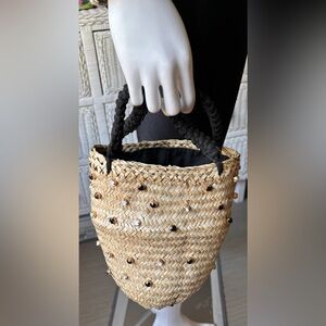 Jeweled Straw Bucket CrossBody Hand bag Rhinestone Detailing & Drawstring 9”x8”